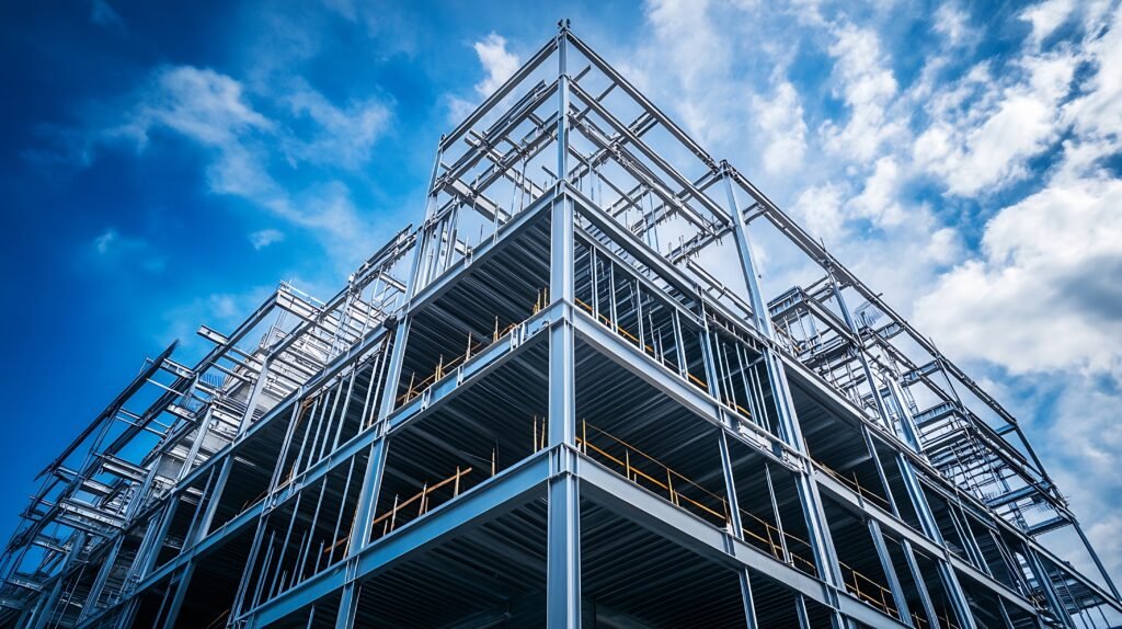 Structural steel frame under construction against blue sky